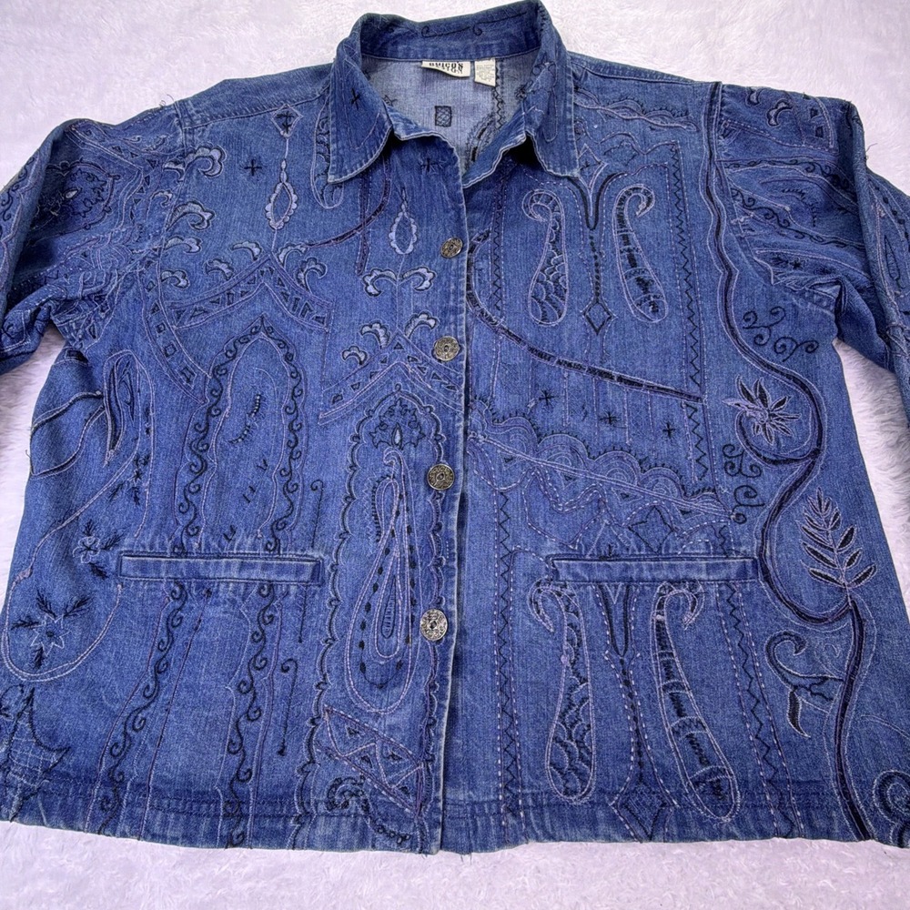 Vintage Chico Design Denim Jacket Embroidered Art 100%‎ Cotton Buttons Pockets - Picture 2 of 11